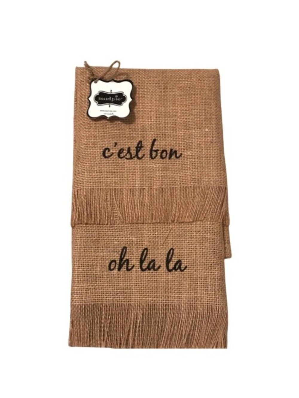 Mud Pie NWT French Bistro towel burlap kitchen bath fingertip C'est bon Oh la la